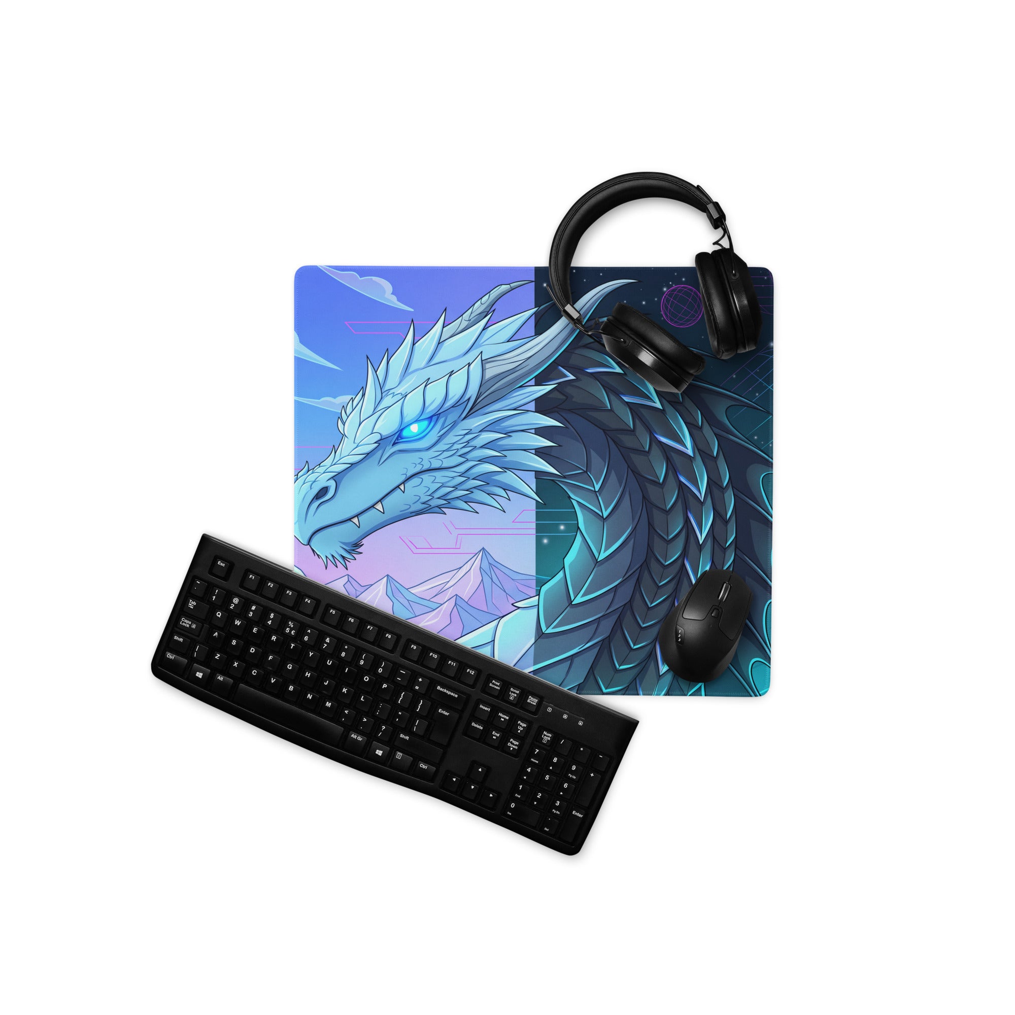 Blue and teal dragon-themed gaming mousepad with neon vaporwave art and a futuristic mountain backdrop