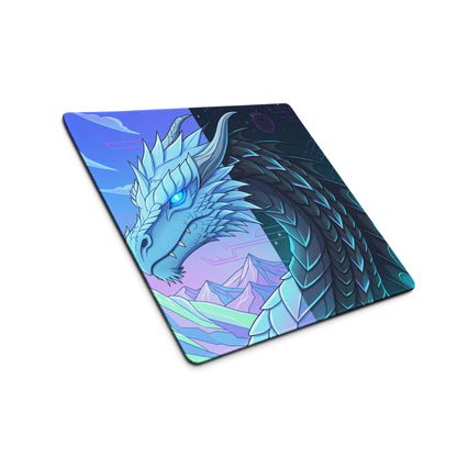 Neon dragon vaporwave rectangular gaming mousepad with teal black purple dragon and mountain starry background