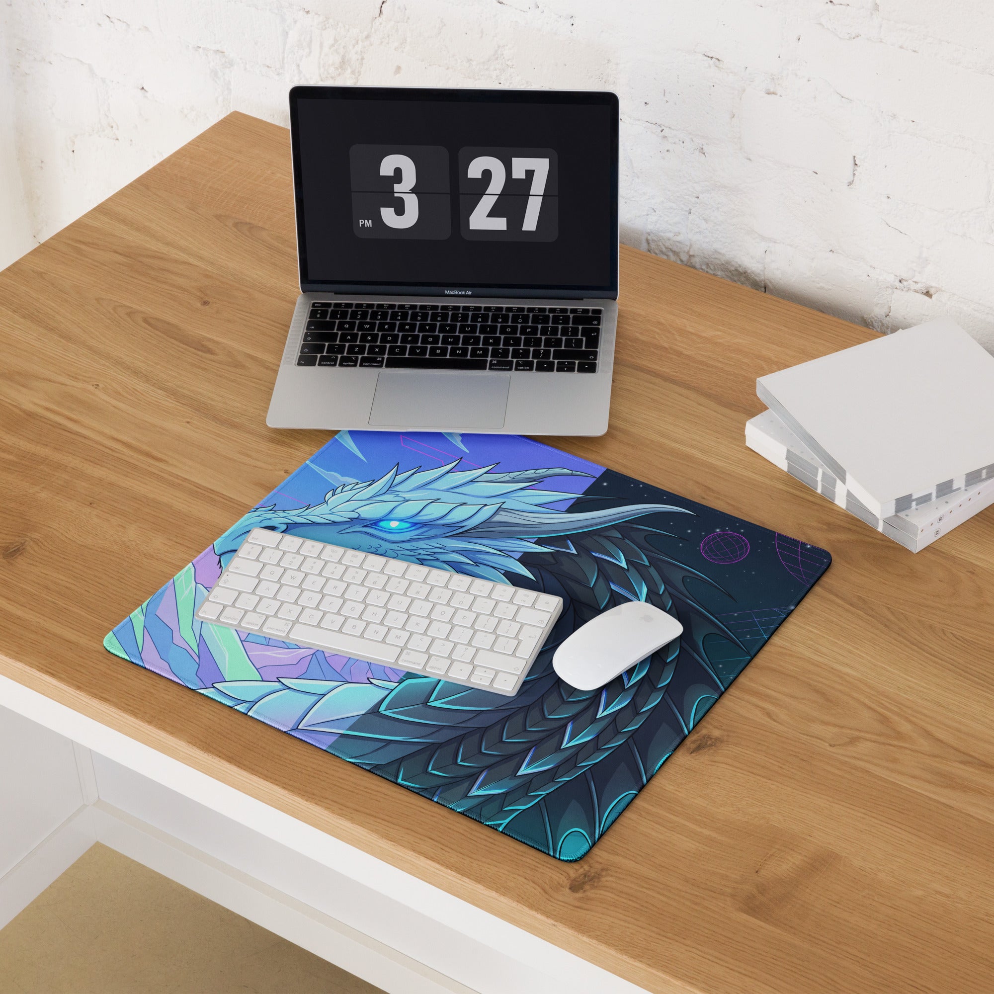 Neon dragon vaporwave mouse pad with vibrant blue and teal dragon design featuring intricate scales and glowing eyes