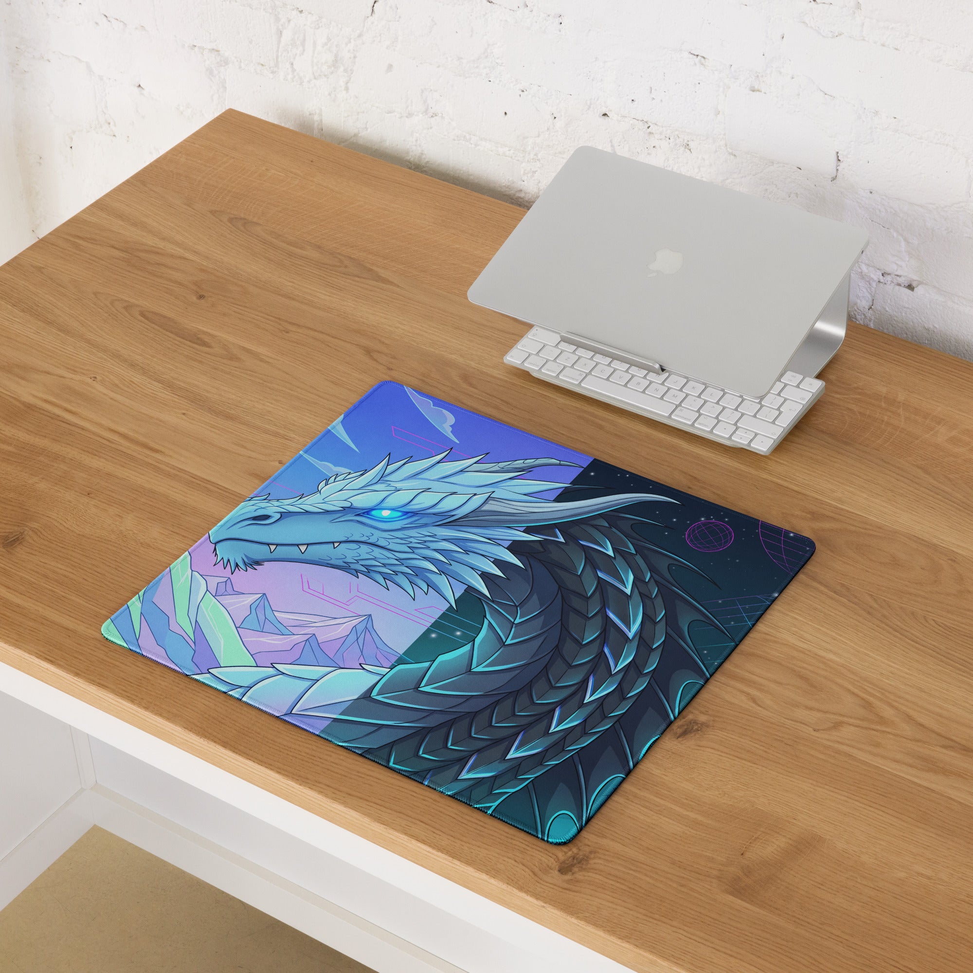 Neon dragon vaporwave rectangular gaming mousepad featuring a vibrant teal and purple dragon with glowing blue eyes