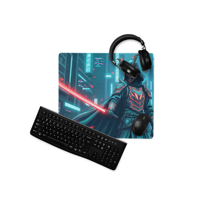 Neon samurai vaporwave blue and teal cyberpunk gaming mouse pad with armored character wielding red lightsaber digital art
