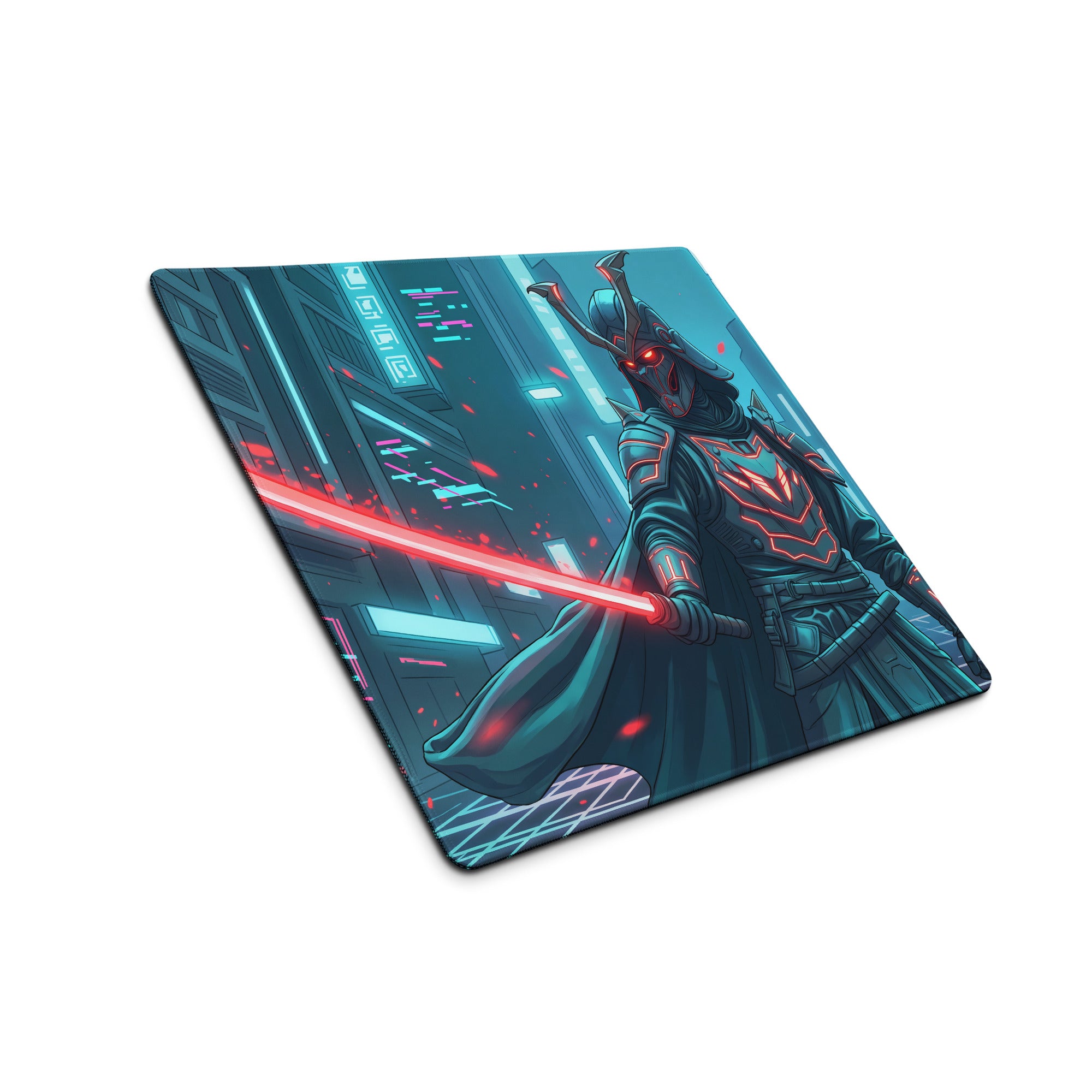 A sleek rectangular neon samurai vaporwave mouse pad with a digital blue and red cyberpunk warrior design for gaming
