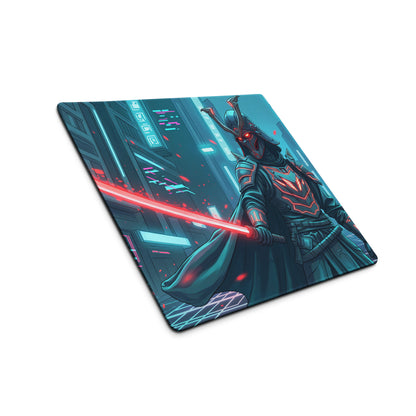 A sleek rectangular neon samurai vaporwave mouse pad with a digital blue and red cyberpunk warrior design for gaming