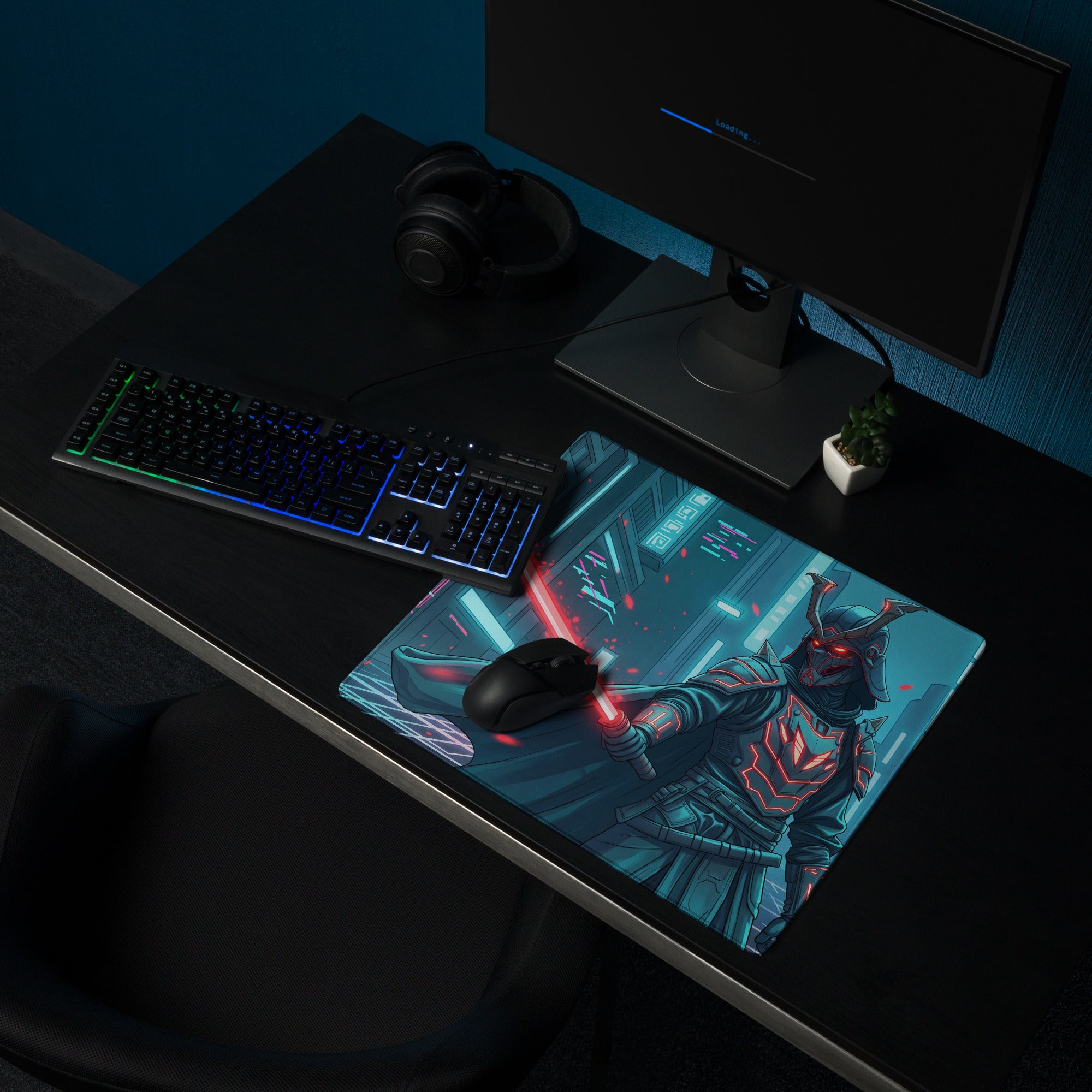 Neon samurai vaporwave gaming mouse pad with a samurai in dark armor glowing red eyes wielding red lightsaber on teal background
