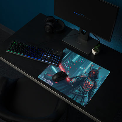 Neon samurai vaporwave gaming mouse pad with a samurai in dark armor glowing red eyes wielding red lightsaber on teal background