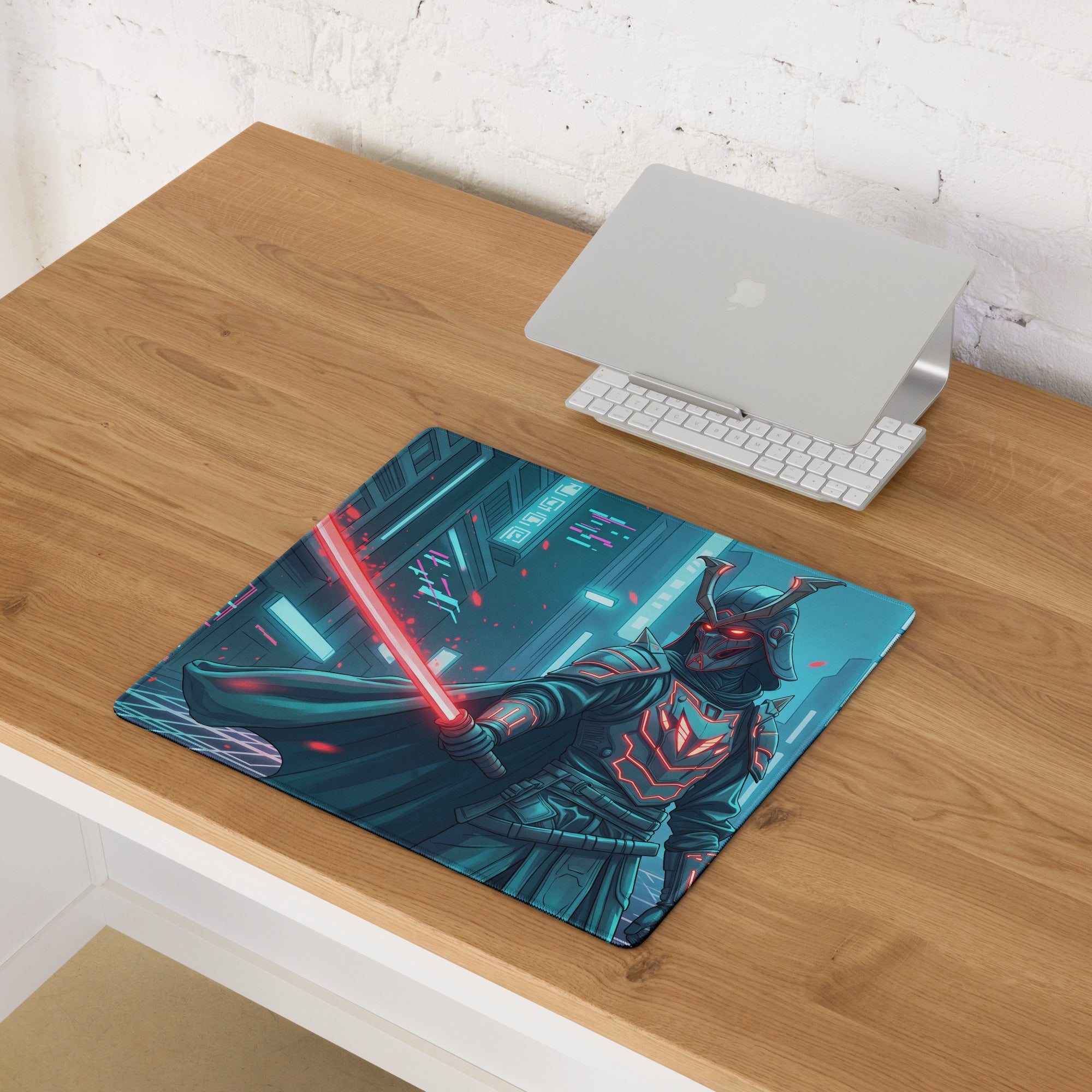 Neon samurai vaporwave rectangular gaming mousepad with a blue and red samurai lightsaber design for desk use
