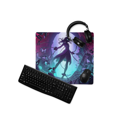 Vibrant purple and teal neon vaporwave mouse pad with dynamic anime character design for gaming desk use