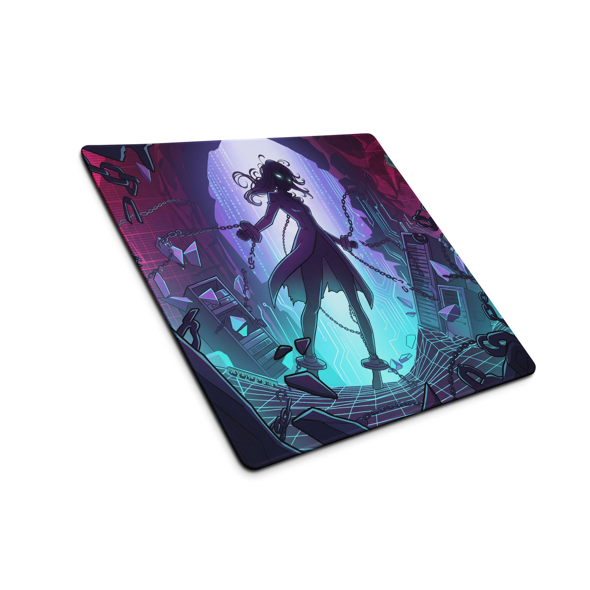 Neon vaporwave mouse pad featuring a vibrant anime-style dark-haired figure with glowing green eyes in purple pink blue hues