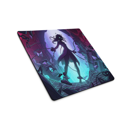 Neon vaporwave mouse pad featuring a vibrant anime-style dark-haired figure with glowing green eyes in purple pink blue hues