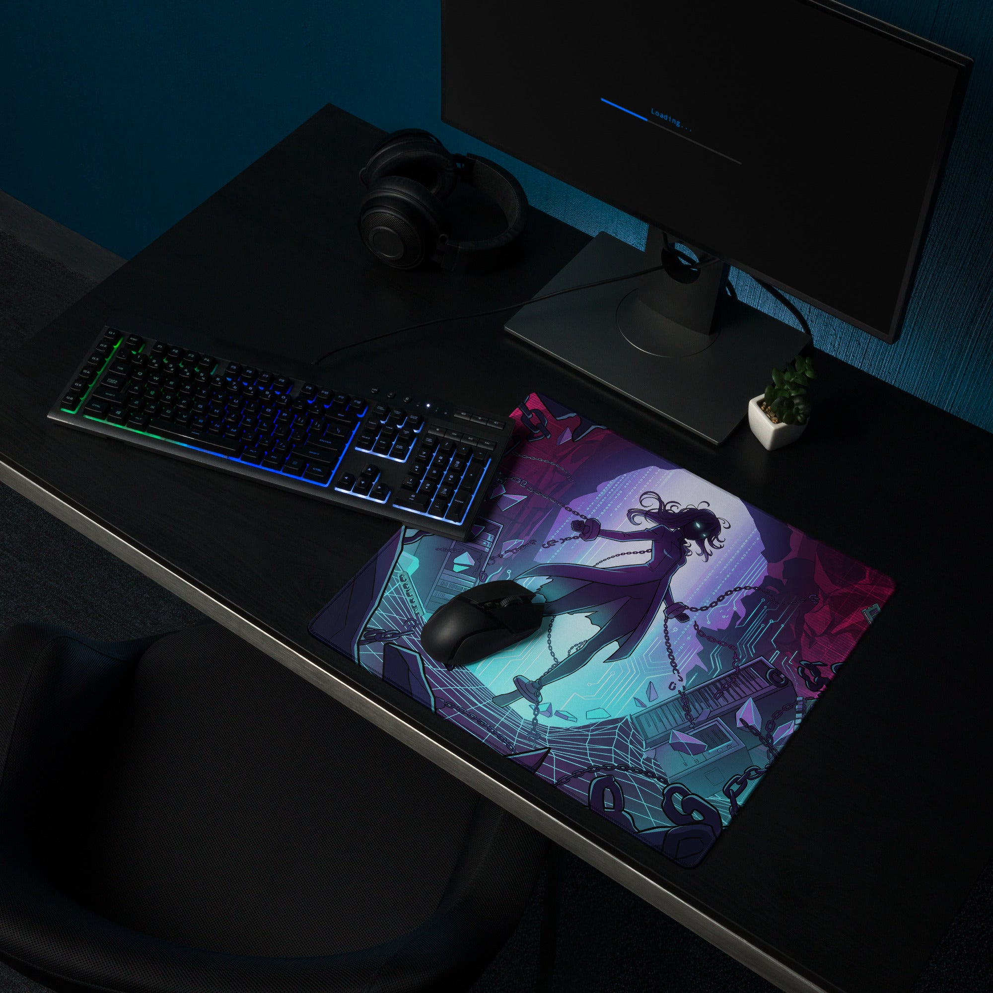 Neon vaporwave mouse pad with vibrant purple and teal anime character design ideal for gaming and digital art desks