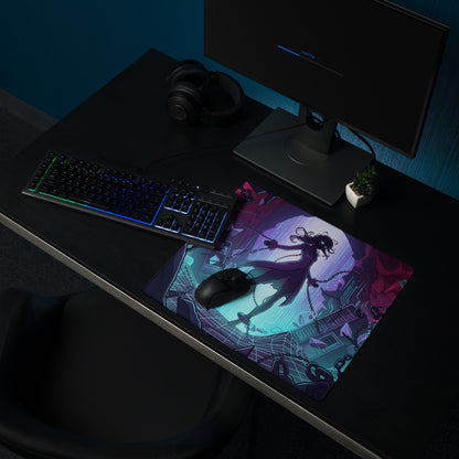 Neon vaporwave mouse pad with vibrant purple and teal anime character design ideal for gaming and digital art desks