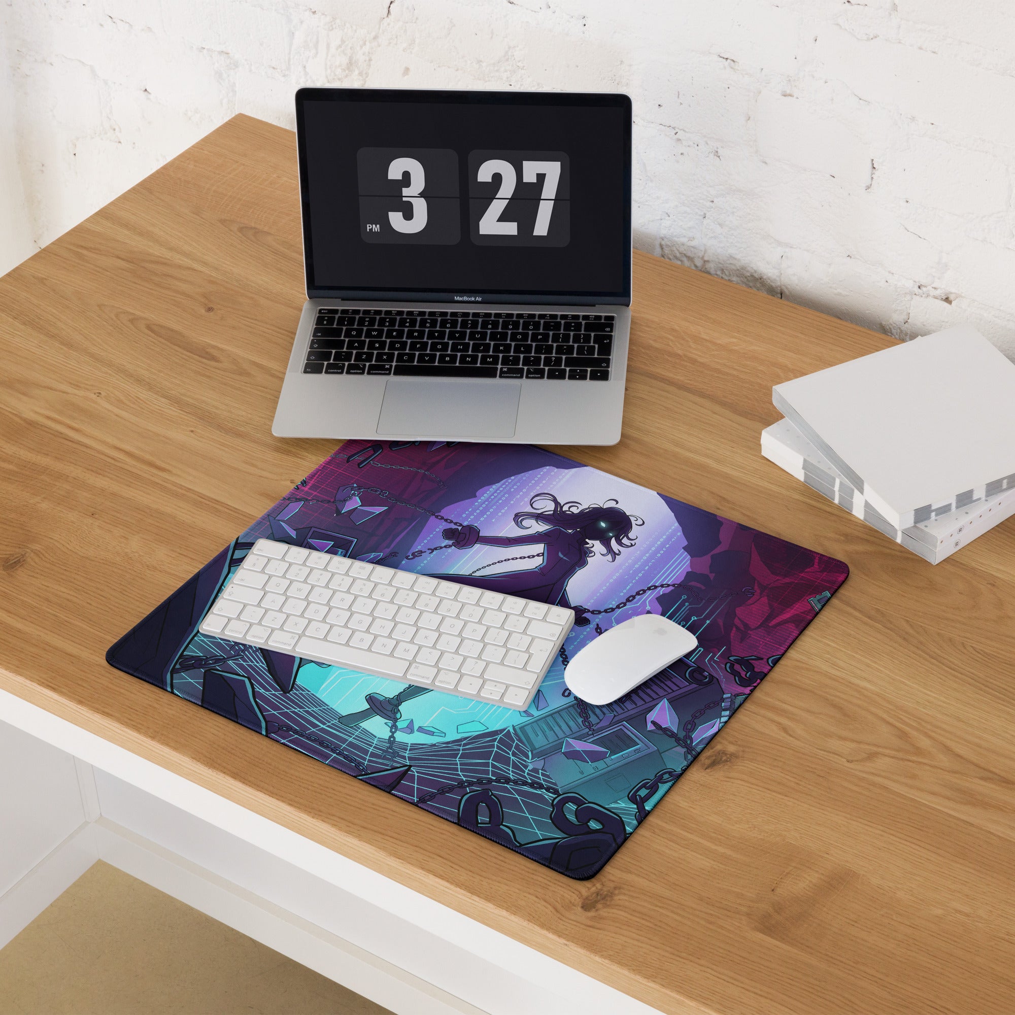 Vibrant purple and teal vaporwave mouse pad with stylized character and cyberpunk cityscape for gaming desks