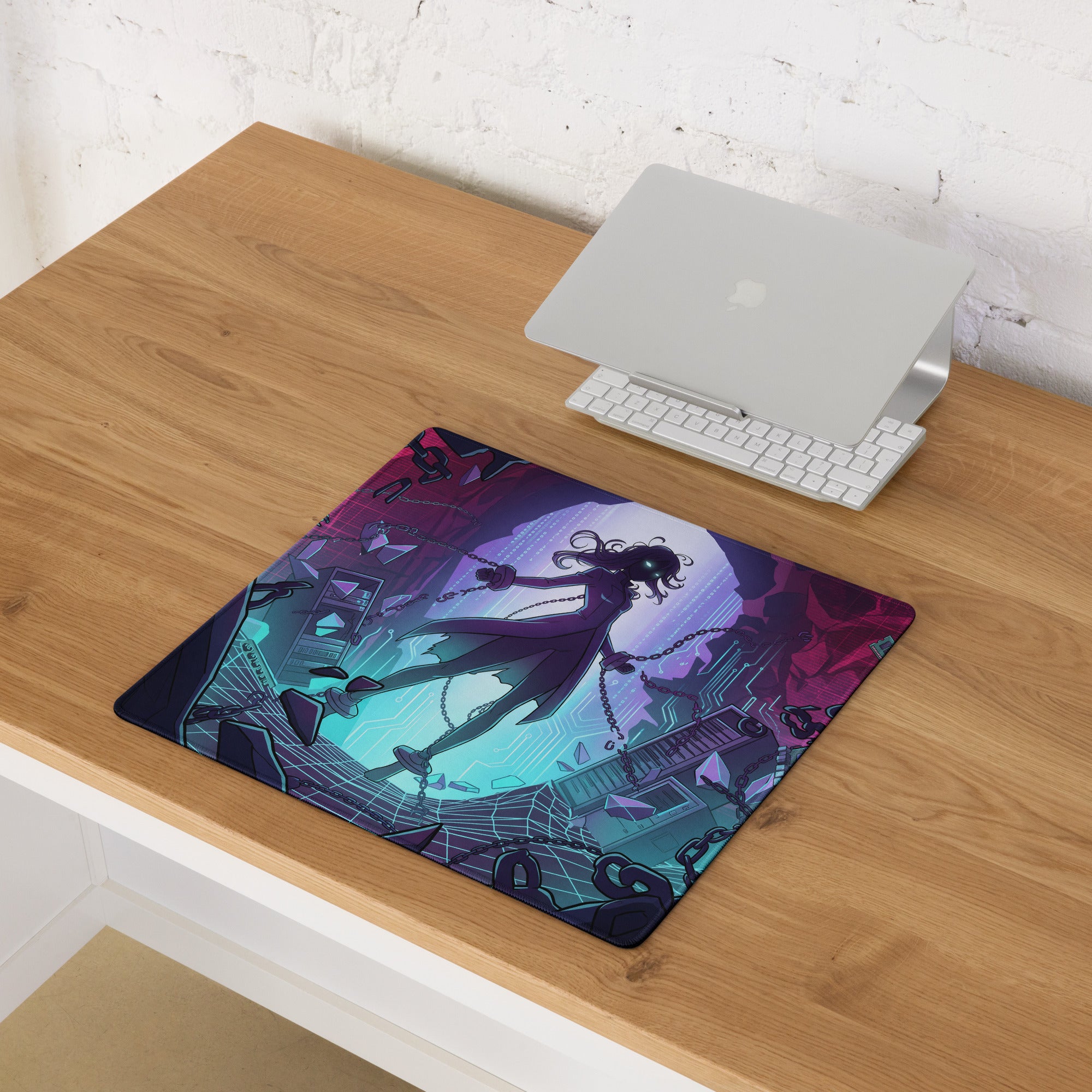 Rectangular neon vaporwave mouse pad with vibrant anime figure in teal purple and magenta cyberpunk colors for gaming