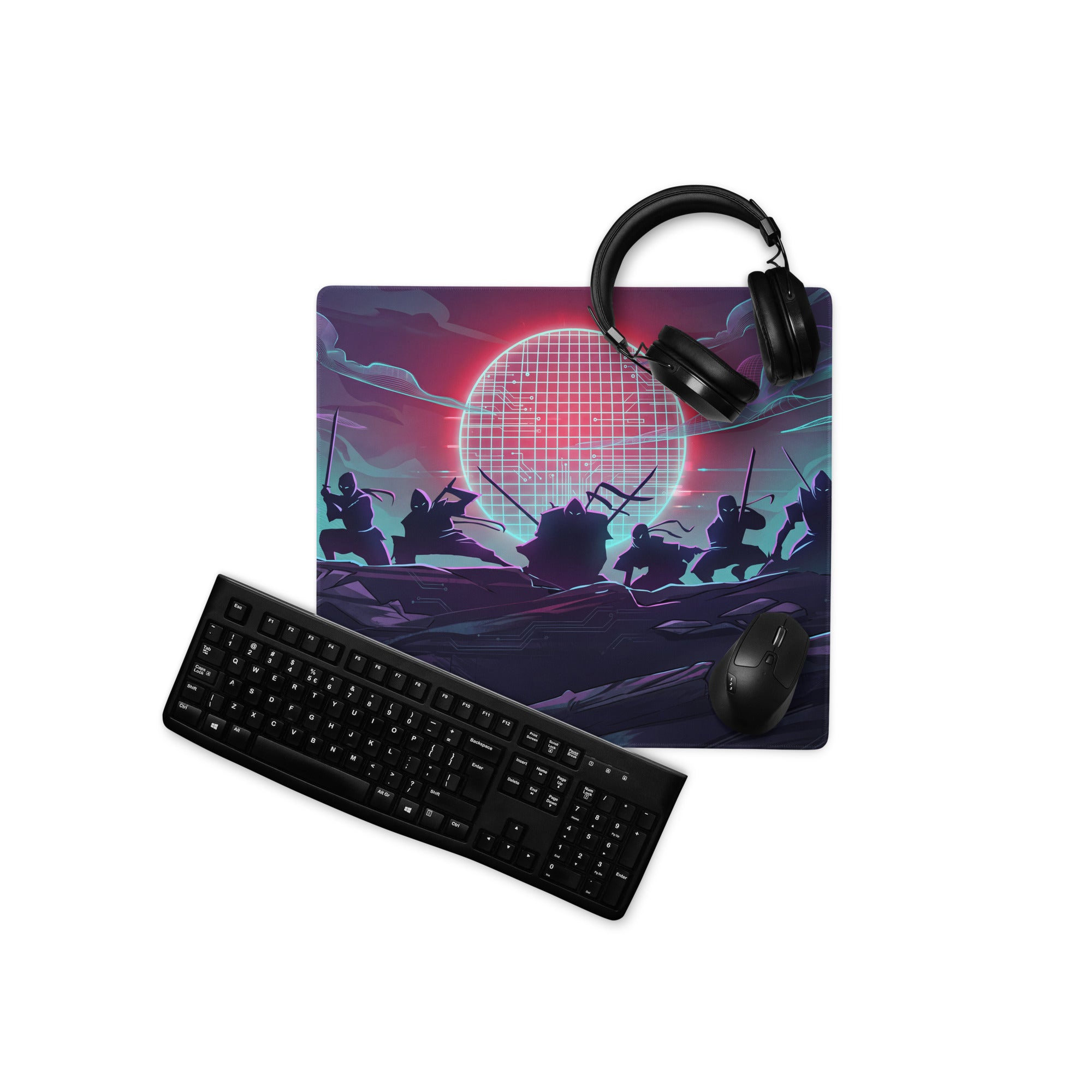 Vaporwave neon sunset mouse pad featuring ninja-themed silhouettes with vibrant neon pink teal sunset and glowing grid moon