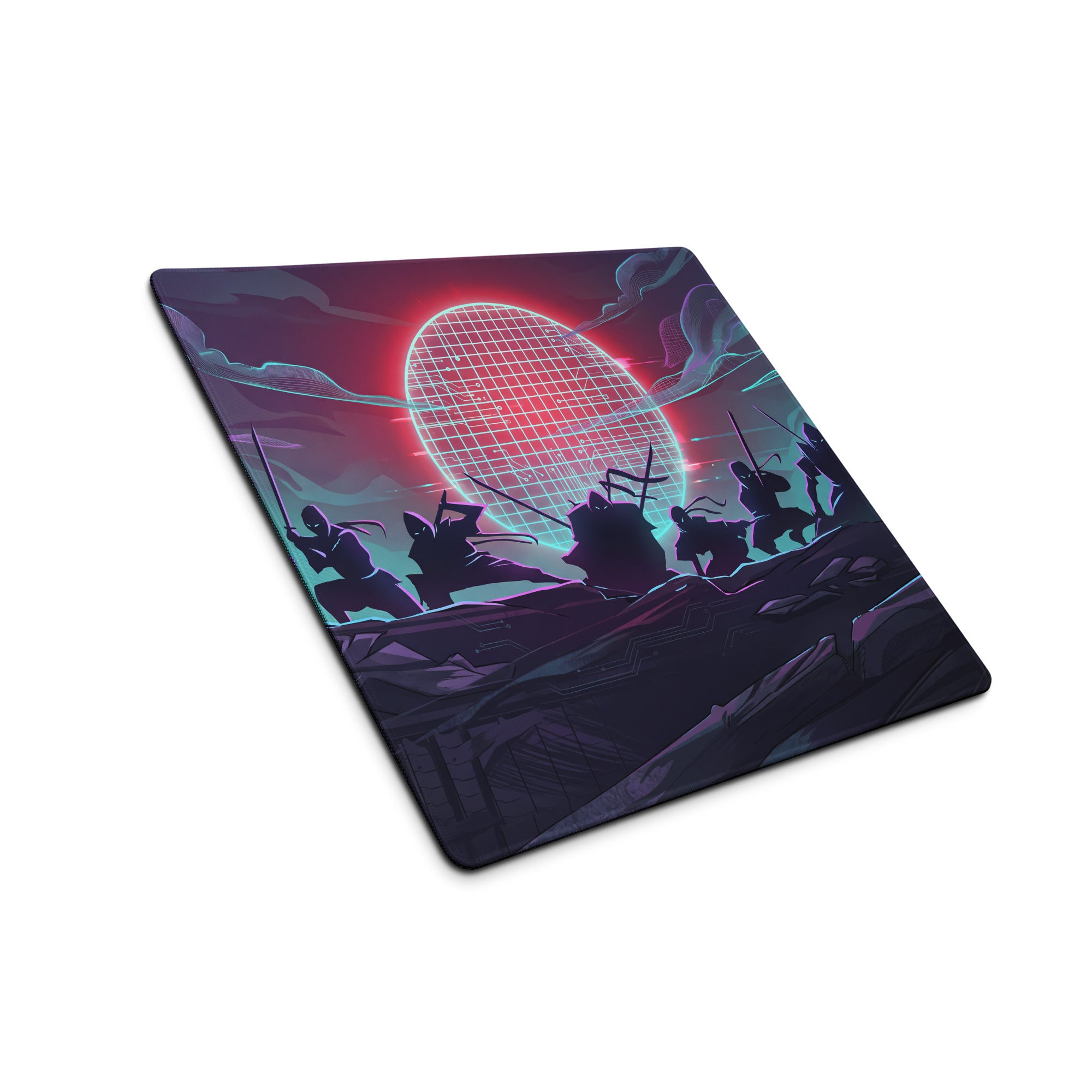 Vaporwave neon sunset gaming mouse pad with ninja theme and vibrant neon red teal cyberpunk sunset design