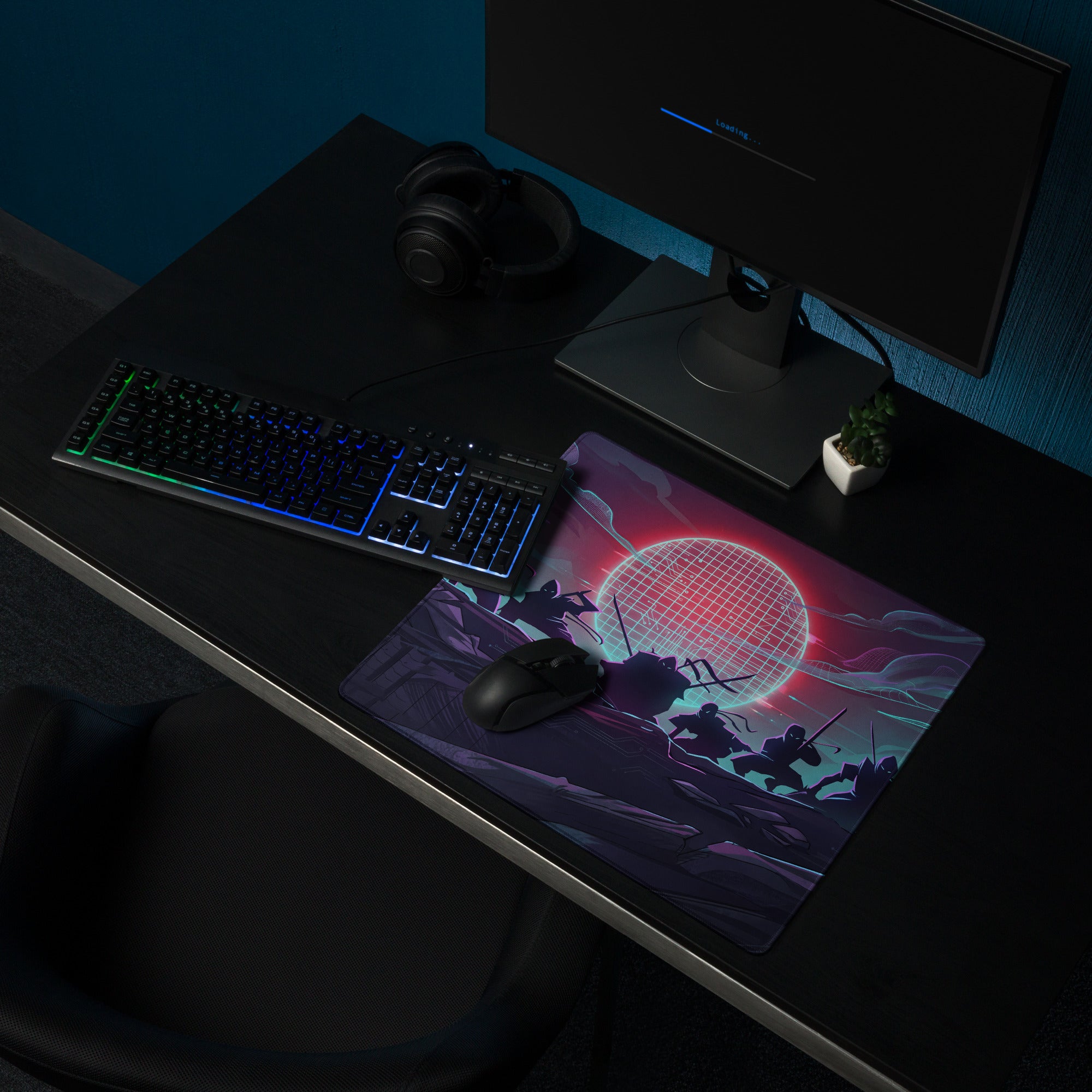 Vaporwave neon sunset mouse pad featuring ninja-themed gaming design with pink purple blue cyberpunk colors for gamers