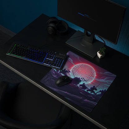 Vaporwave neon sunset mouse pad featuring ninja-themed gaming design with pink purple blue cyberpunk colors for gamers