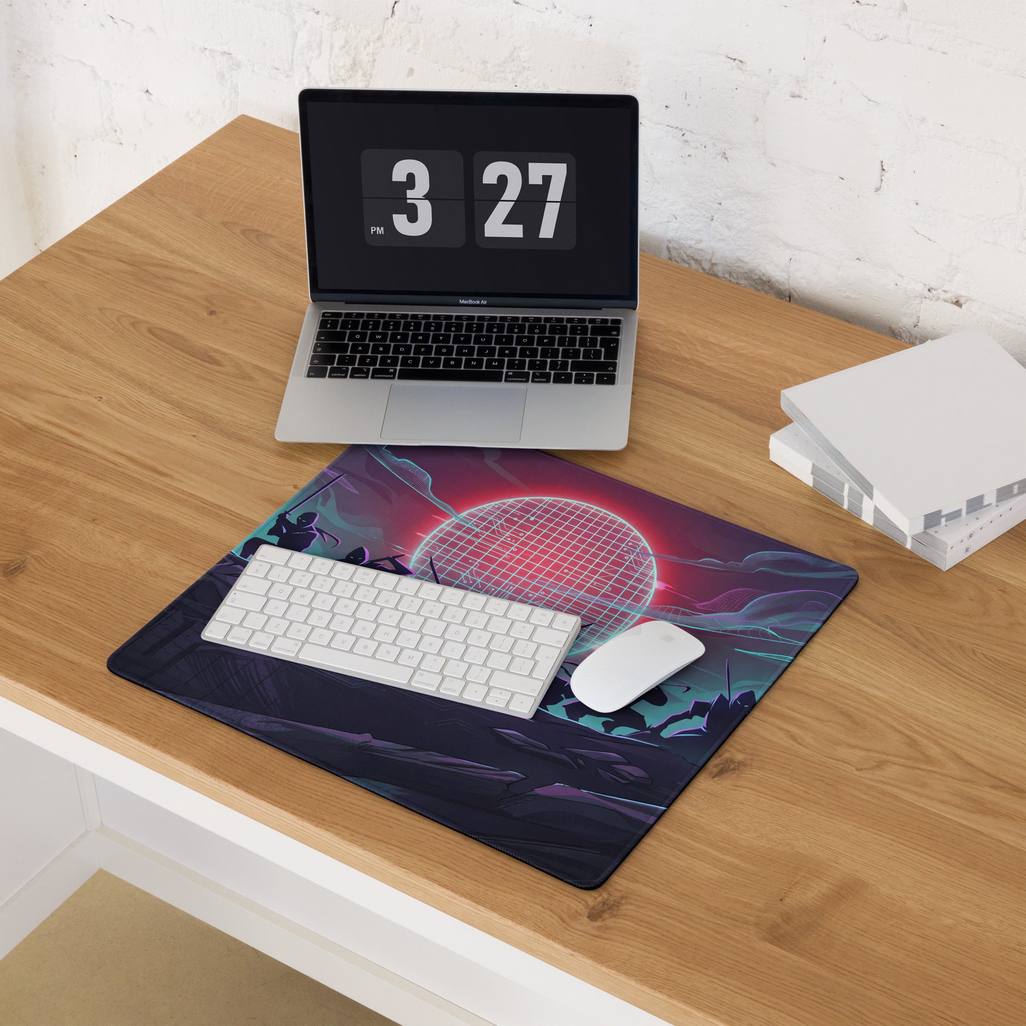 A rectangular dark-colored vaporwave neon sunset mouse pad with vibrant pink and purple retro-futuristic design