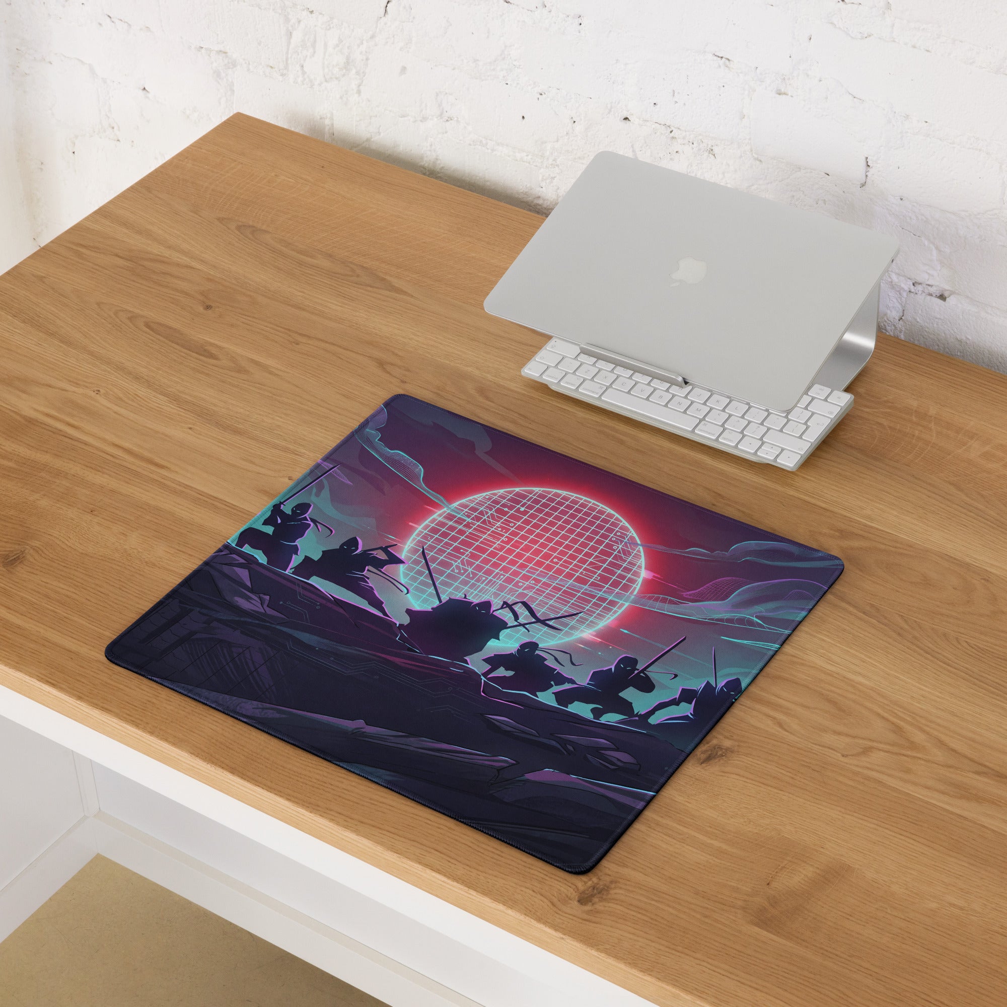 Vaporwave neon sunset gaming mouse pad with ninja silhouettes and vibrant pink and teal cyberpunk sunset design