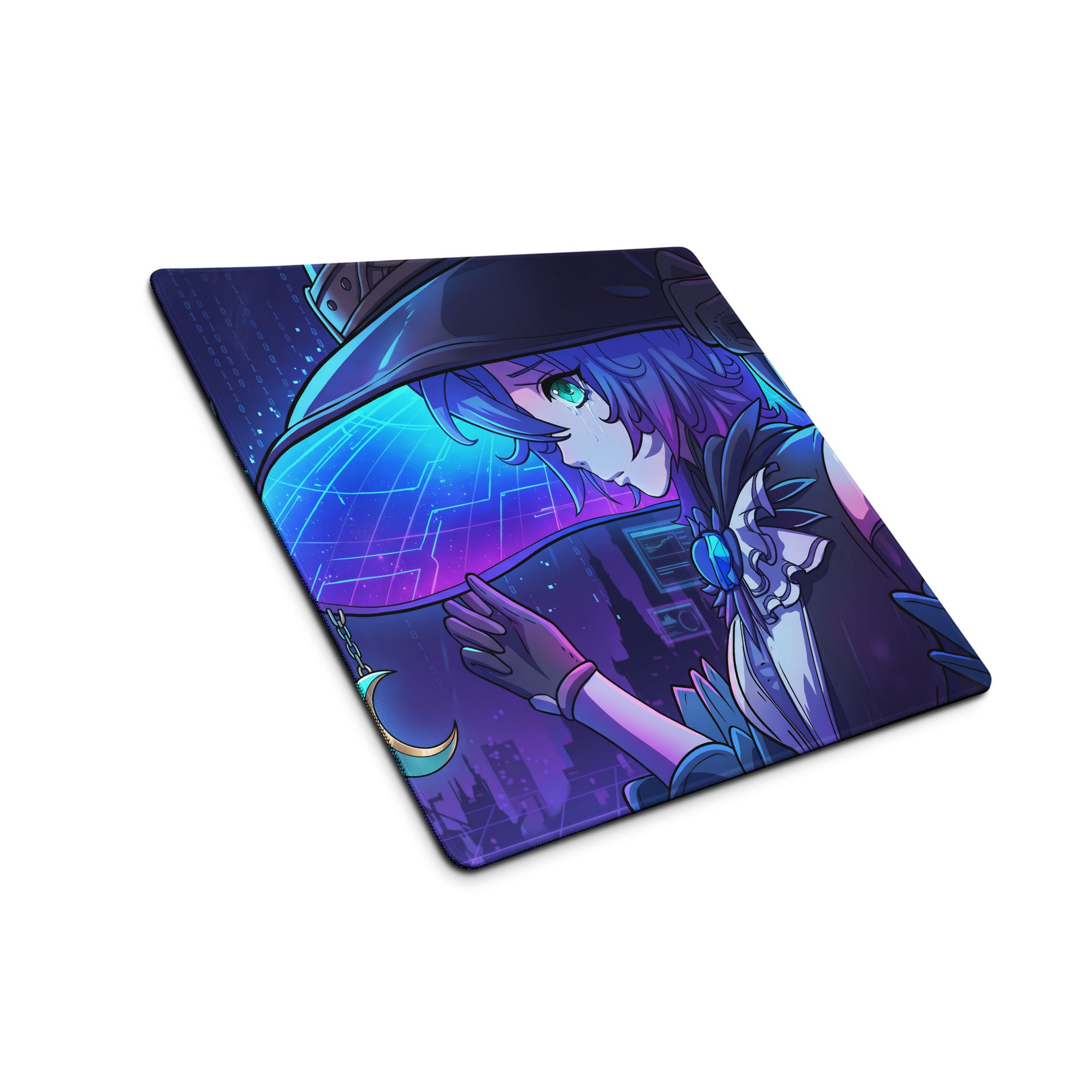 Vaporwave neon anime rectangular gaming mousepad with vibrant purple hair character and cosmic blue gradient design