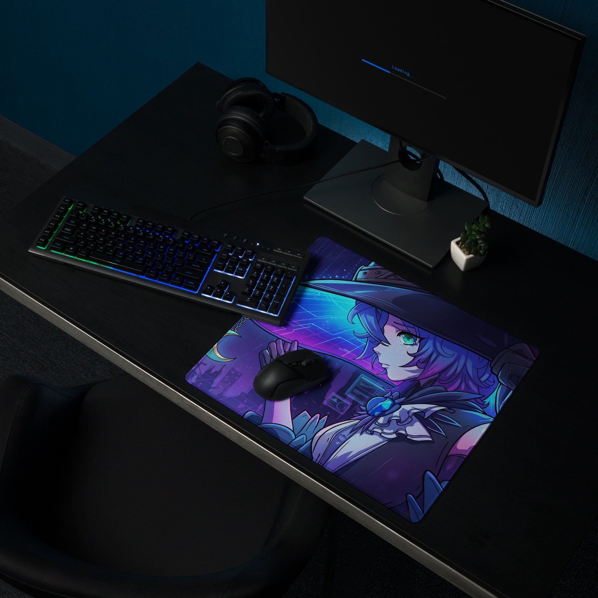 Vaporwave neon anime mouse pad with a purple-haired witch character and cosmic background on a blue gradient desk setup