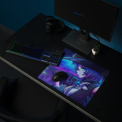 Vaporwave neon anime mouse pad with a purple-haired witch character and cosmic background on a blue gradient desk setup