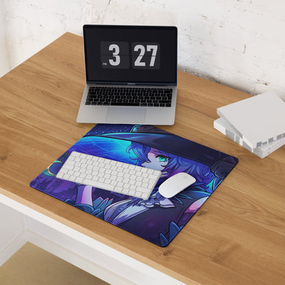 Purple and blue anime witch-themed mousepad with glowing green eyes character and blue gradient vaporwave design