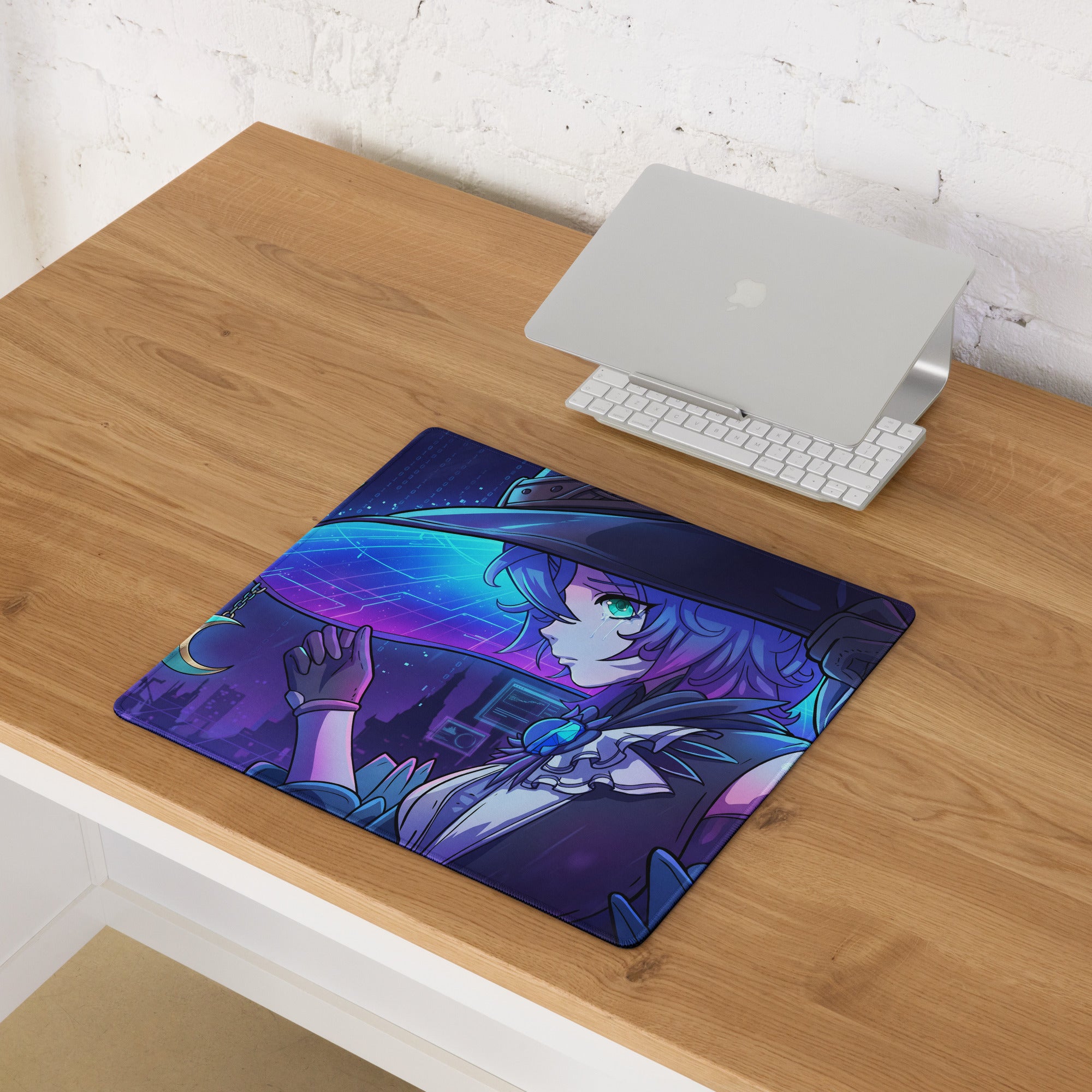 Vaporwave neon anime mouse pad with vibrant purple and blue gradient featuring a witch character with green eyes