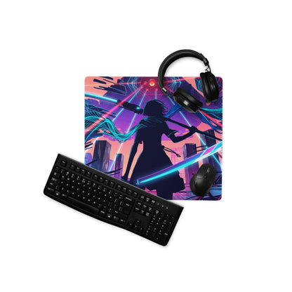 Vaporwave neon city gaming mouse pad in neon pink and blue with anime silhouette and futuristic cityscape design