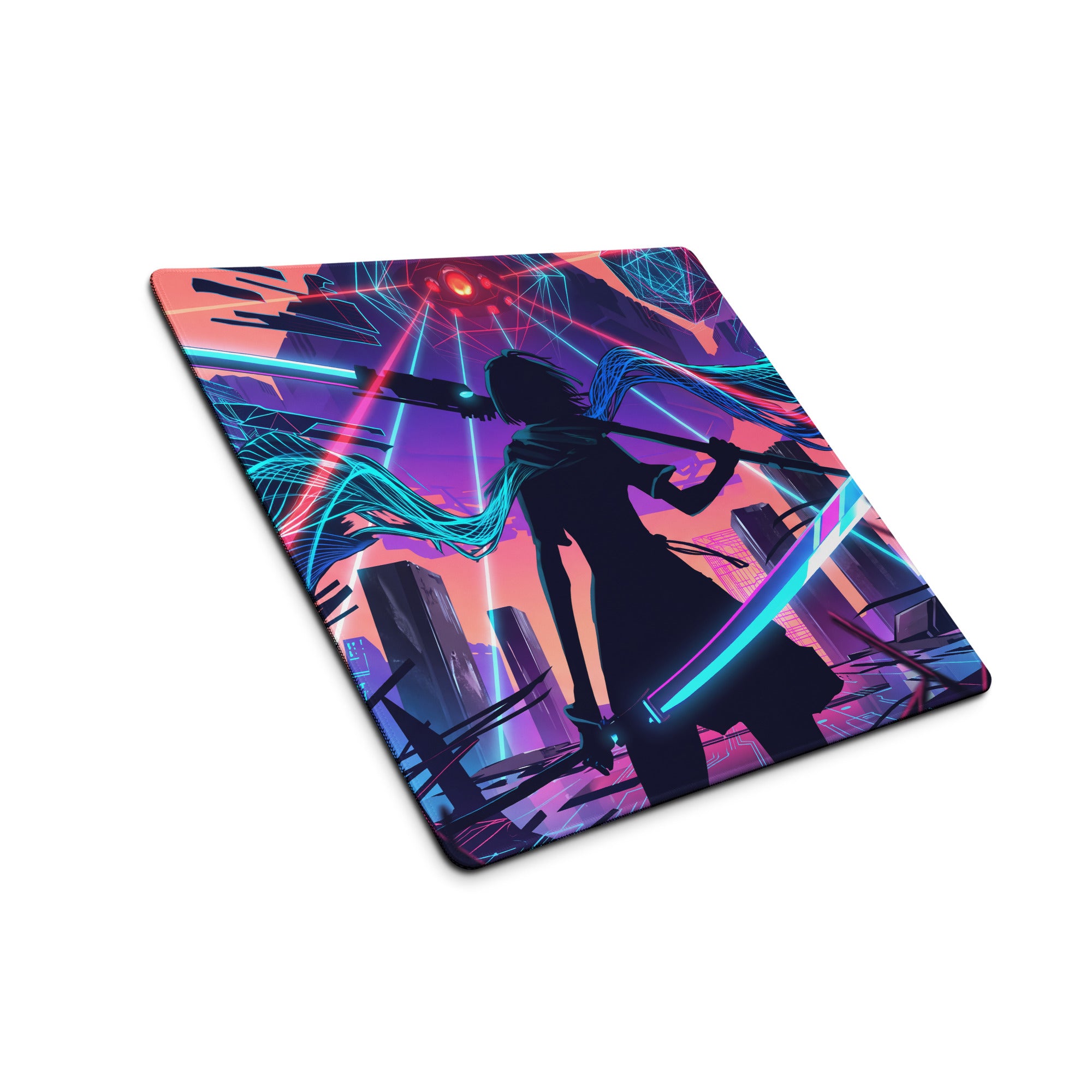 Neon cyberpunk-themed rectangular gaming mousepad with anime silhouette and vibrant pink blue purple vaporwave design