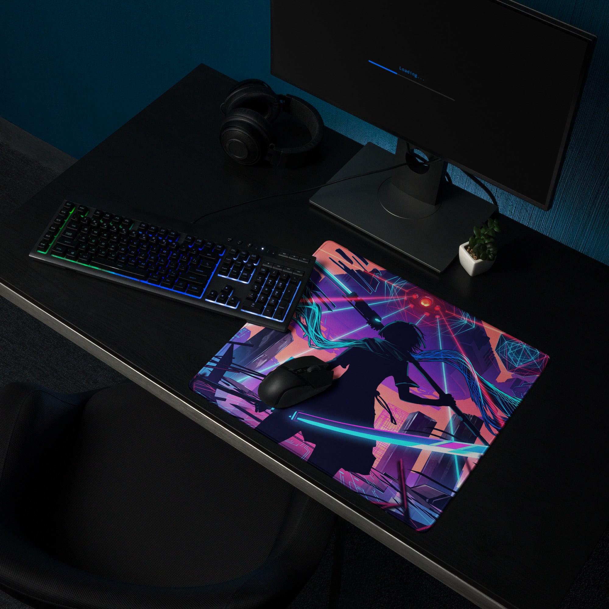 Vaporwave neon city gaming mouse pad with vibrant neon pink blue purple colors and anime character silhouette design