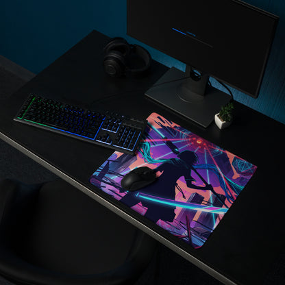 Vaporwave neon city gaming mouse pad with vibrant neon pink blue purple colors and anime character silhouette design