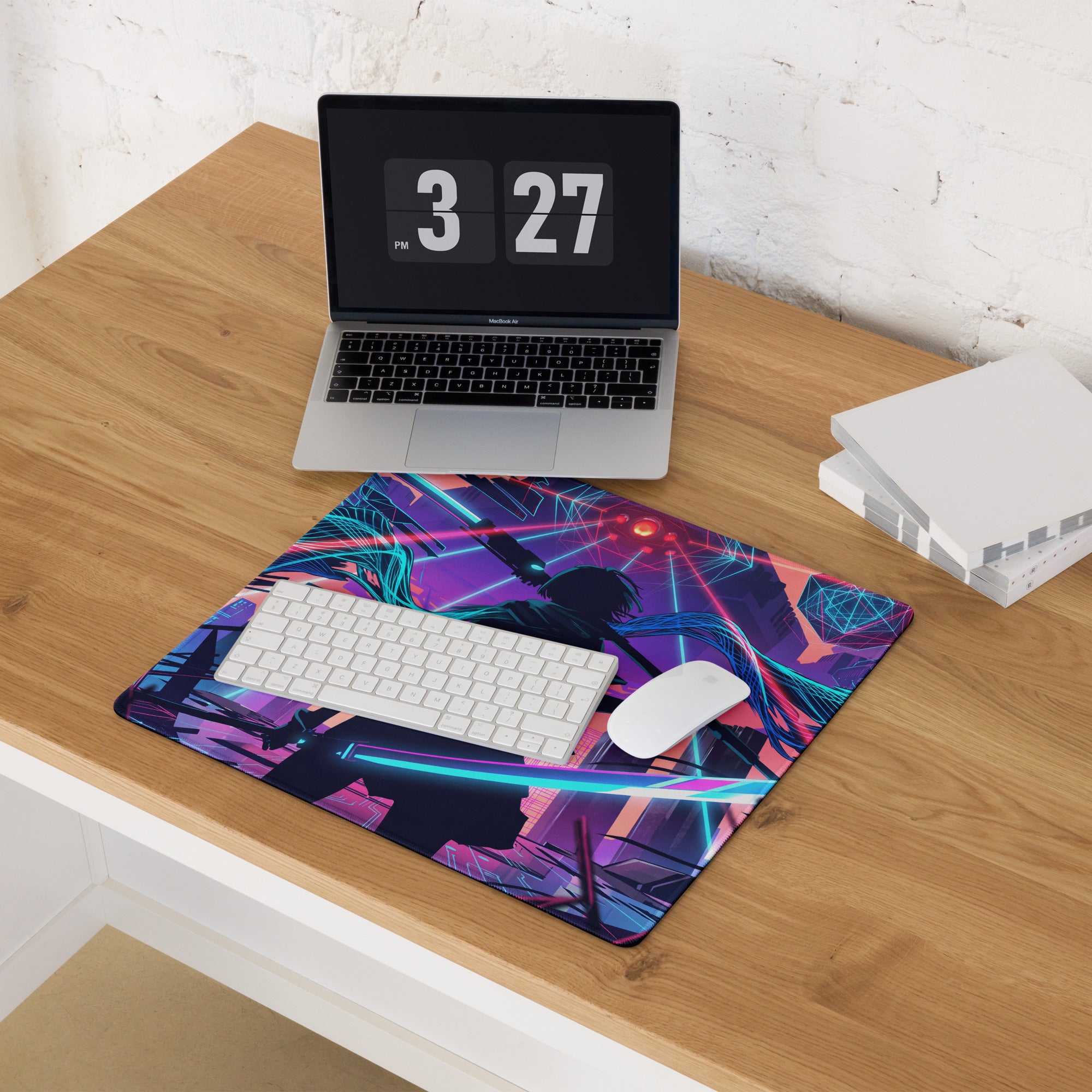 Vaporwave neon city gaming pad featuring a vibrant anime silhouette with glowing purple pink and blue neon hues