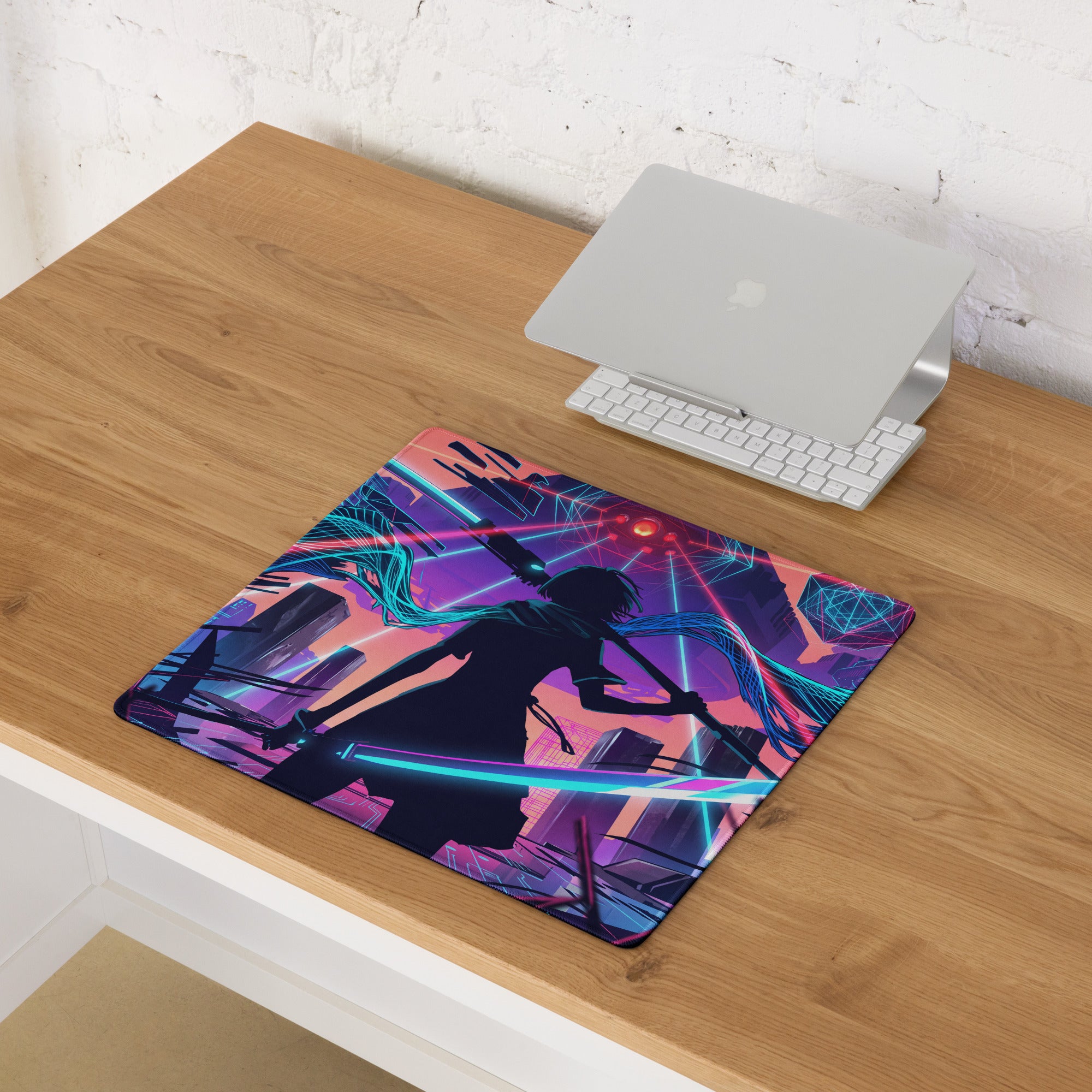 Vaporwave neon city gaming mouse pad featuring a cyberpunk anime silhouette with glowing swords in pink blue purple tones