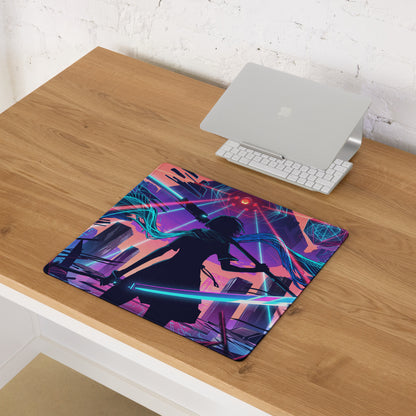 Vaporwave neon city gaming mouse pad featuring a cyberpunk anime silhouette with glowing swords in pink blue purple tones