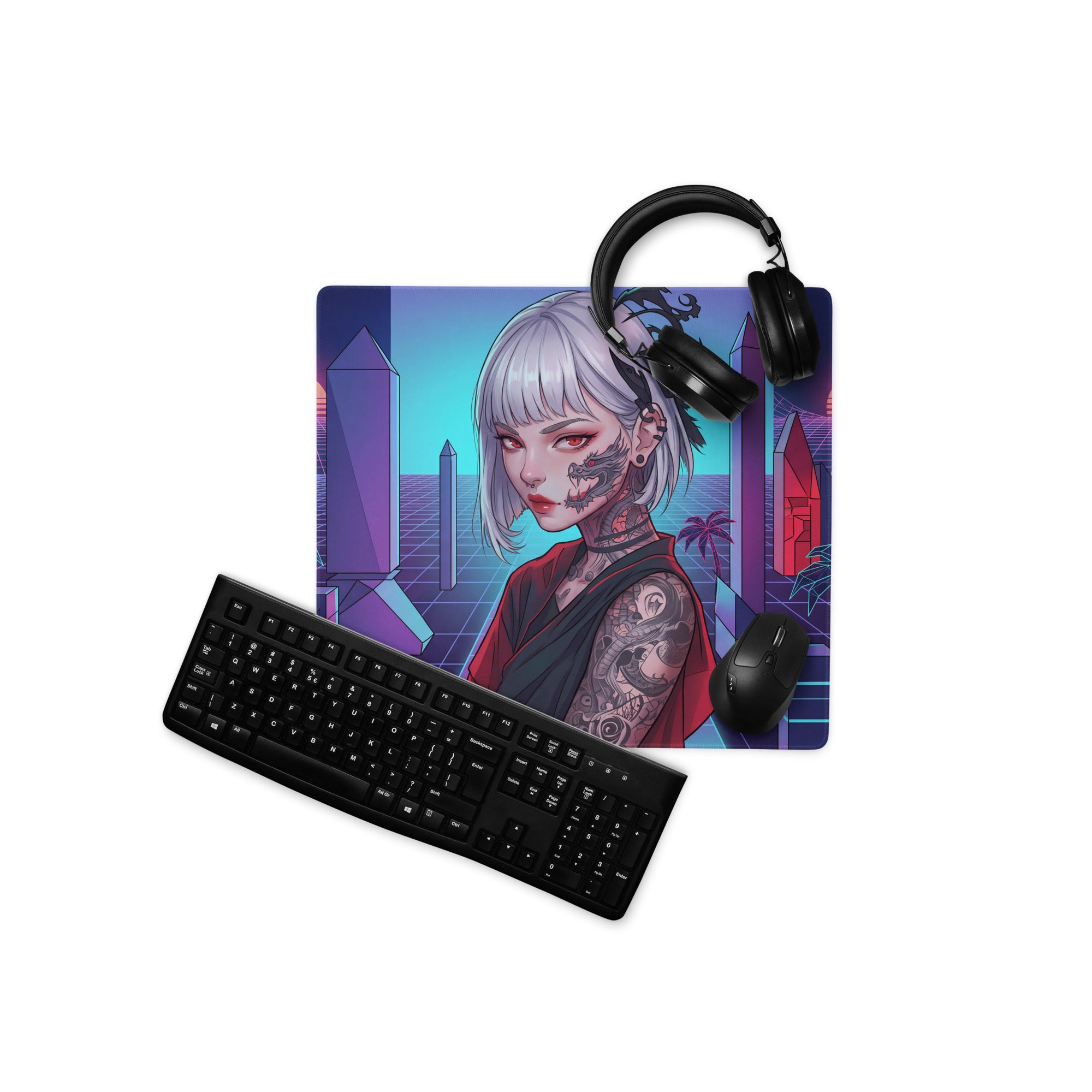 Neon vaporwave cityscape mouse pad with vibrant anime tattooed woman silver hair on smooth purple pink cyan surface