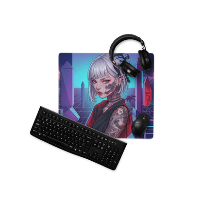Neon vaporwave cityscape mouse pad with vibrant anime tattooed woman silver hair on smooth purple pink cyan surface