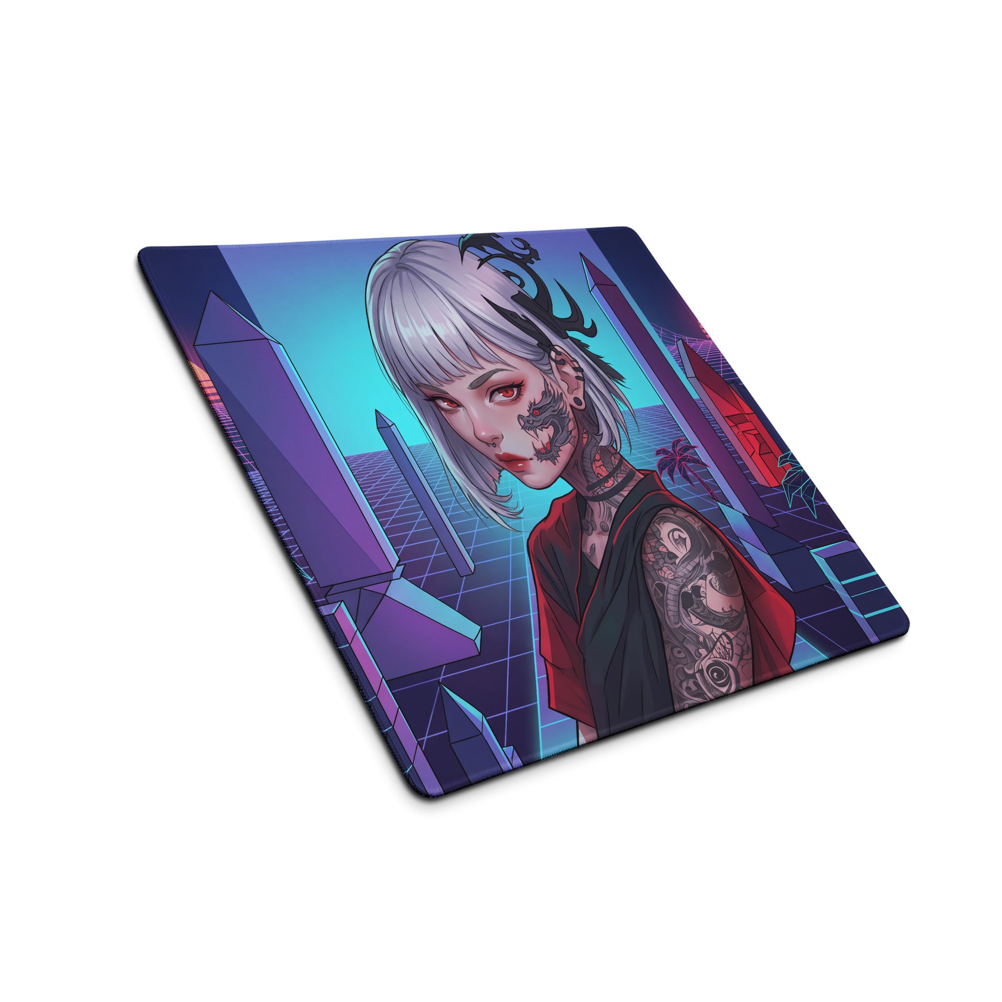 Neon vaporwave cityscape mouse pad in navy blue and purple featuring a silver haired anime girl with tattoos and red eyes