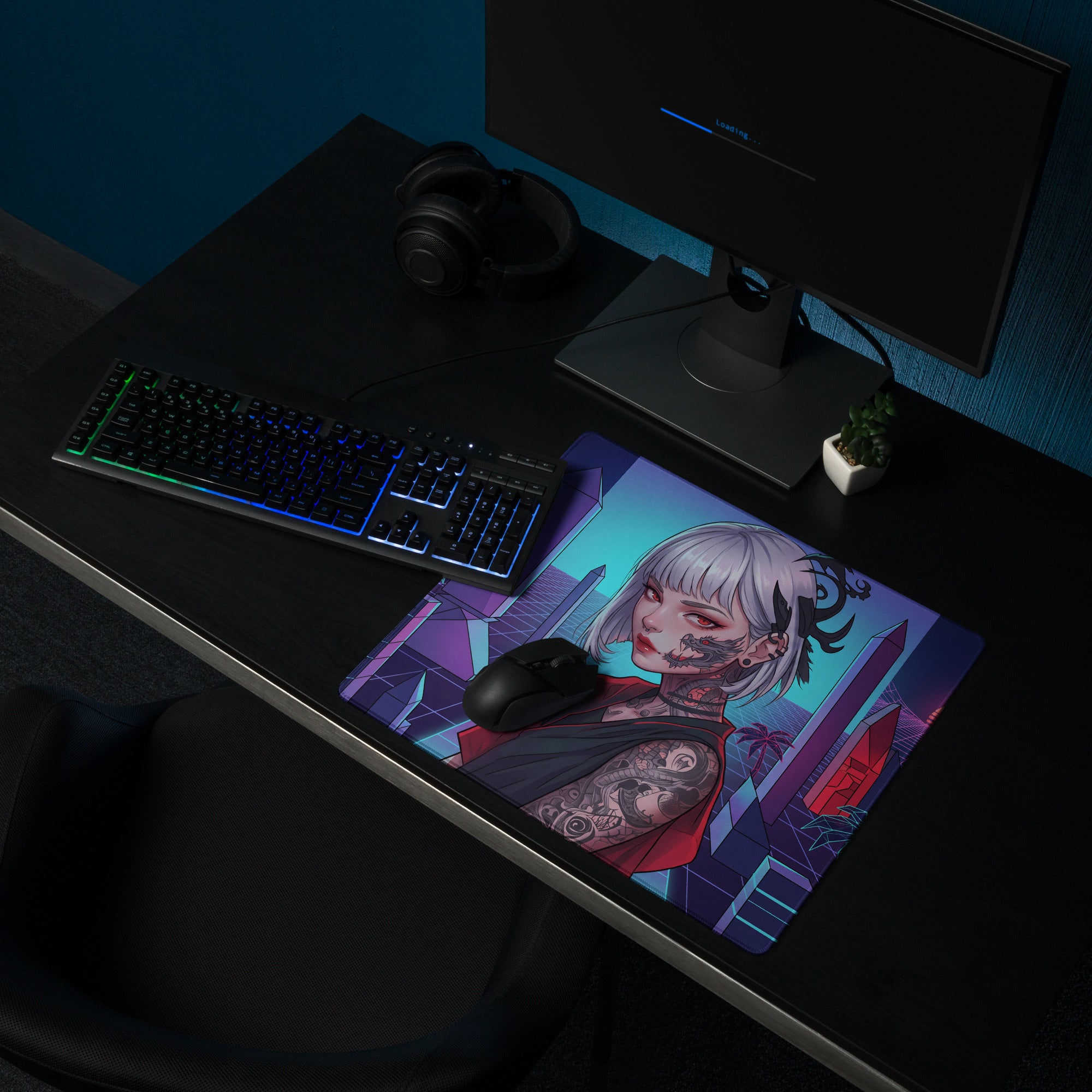 A vibrant neon vaporwave cityscape gaming mousepad with a silver haired anime character and purple pink cyan colors