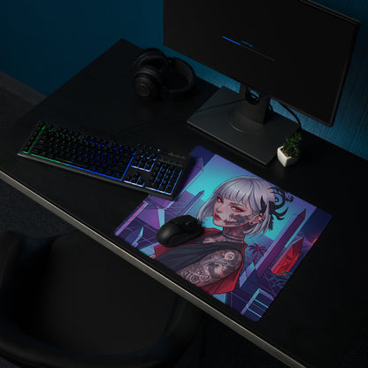 A vibrant neon vaporwave cityscape gaming mousepad with a silver haired anime character and purple pink cyan colors