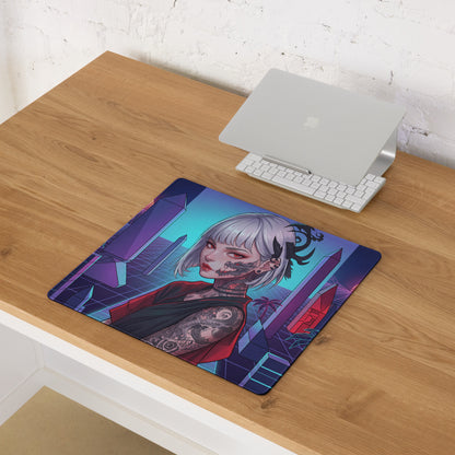Neon vaporwave cityscape rectangular mousepad featuring a cyberpunk girl with silver hair against a purple blue cityscape