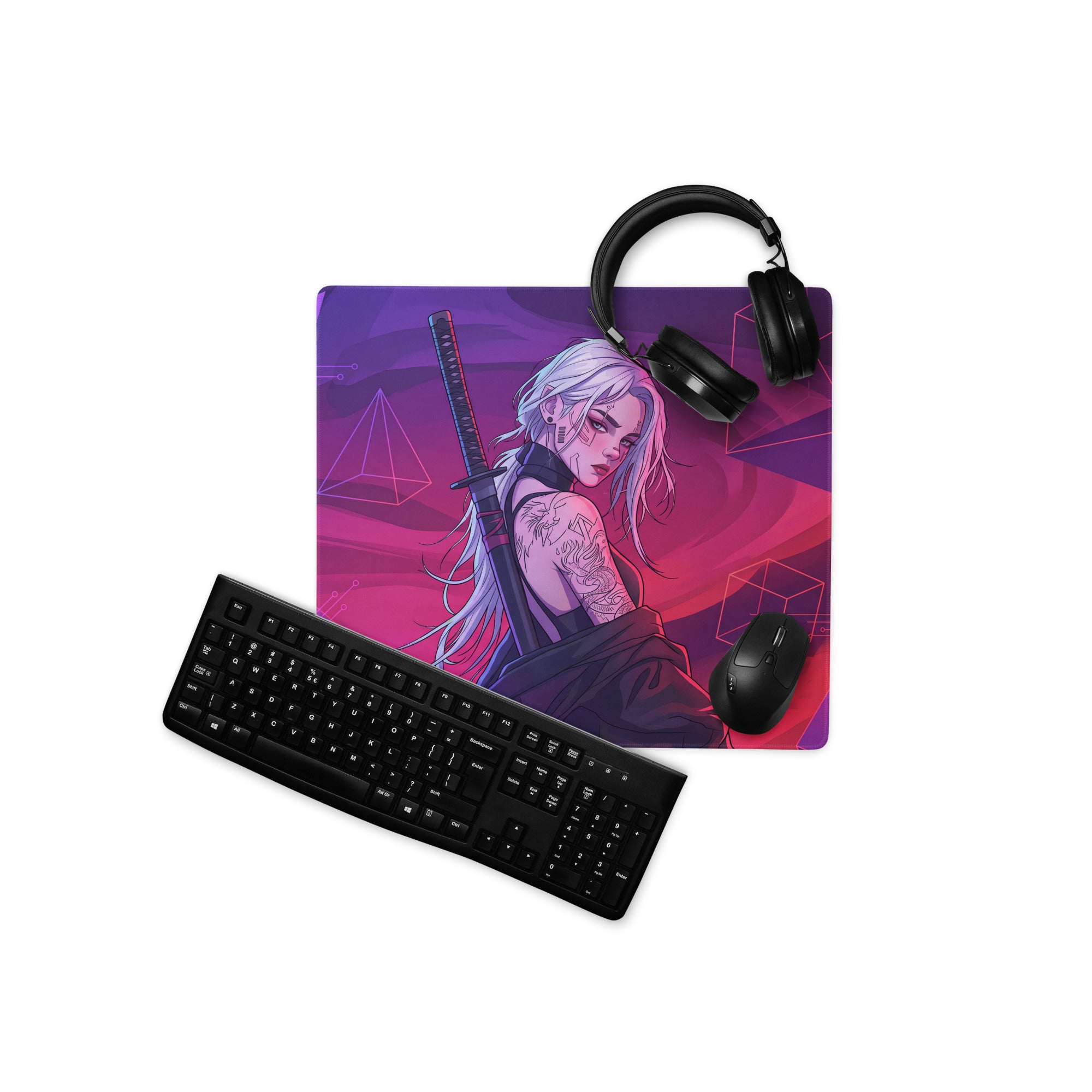 Vaporwave neon warrior mouse pad featuring a vibrant purple and pink gradient with an anime-style silver haired warrior holding a sword