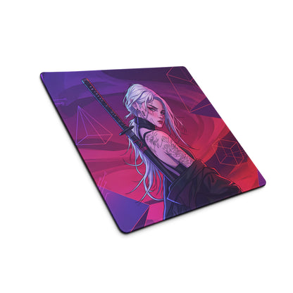 Rectangular vaporwave neon warrior mouse pad with vibrant anime white-haired katana warrior on purple pink background