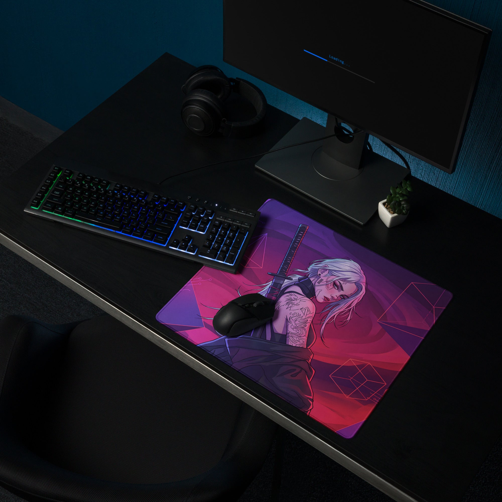 Vaporwave neon warrior mouse pad with purple pink gradient featuring anime silver hair warrior holding sword and tattoos