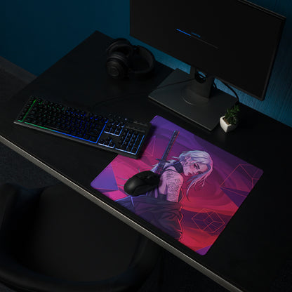 Vaporwave neon warrior mouse pad with purple pink gradient featuring anime silver hair warrior holding sword and tattoos