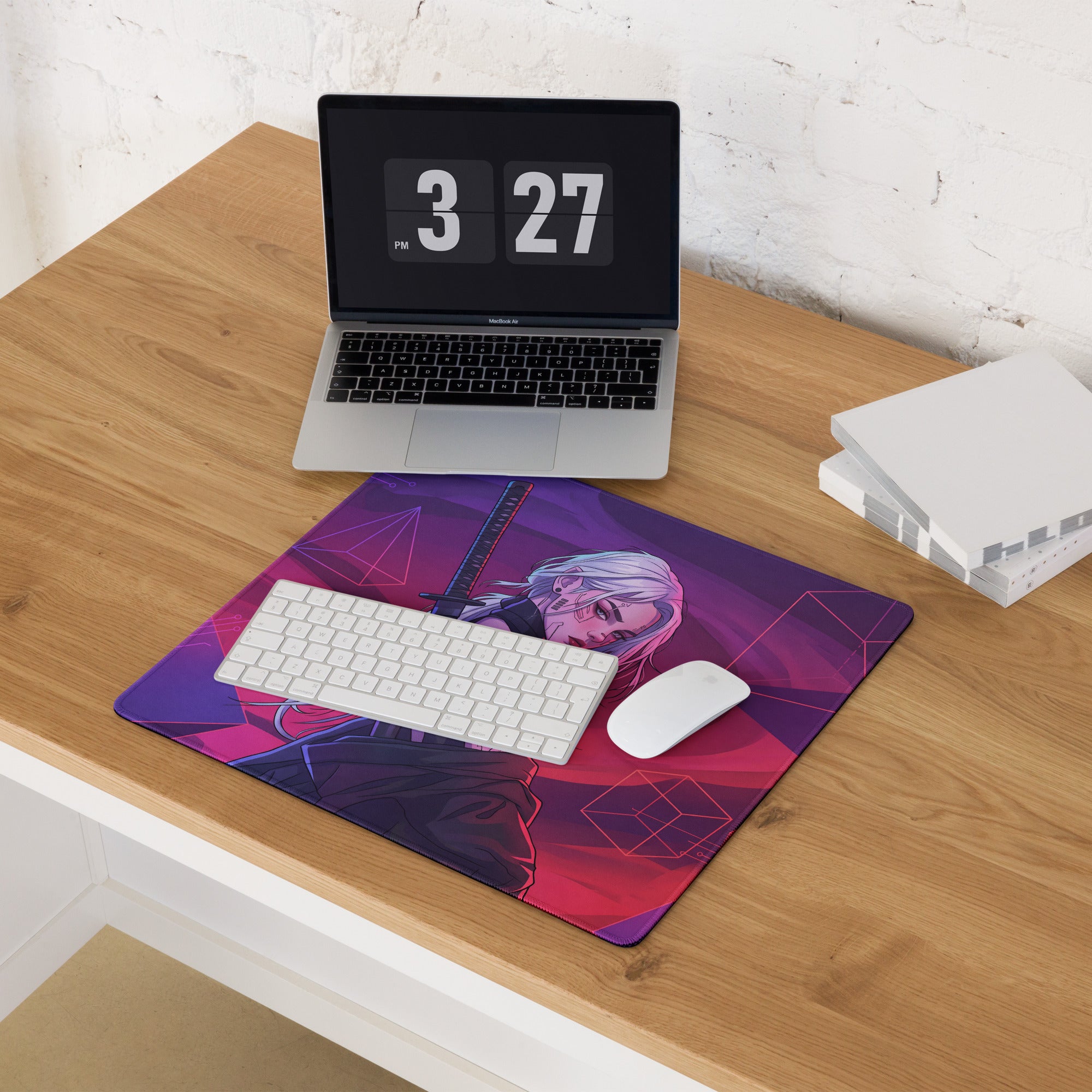 Purple and pink vaporwave neon warrior mouse pad with silver-haired anime character and geometric design for desk use