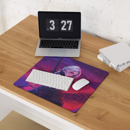 Purple and pink vaporwave neon warrior mouse pad with silver-haired anime character and geometric design for desk use