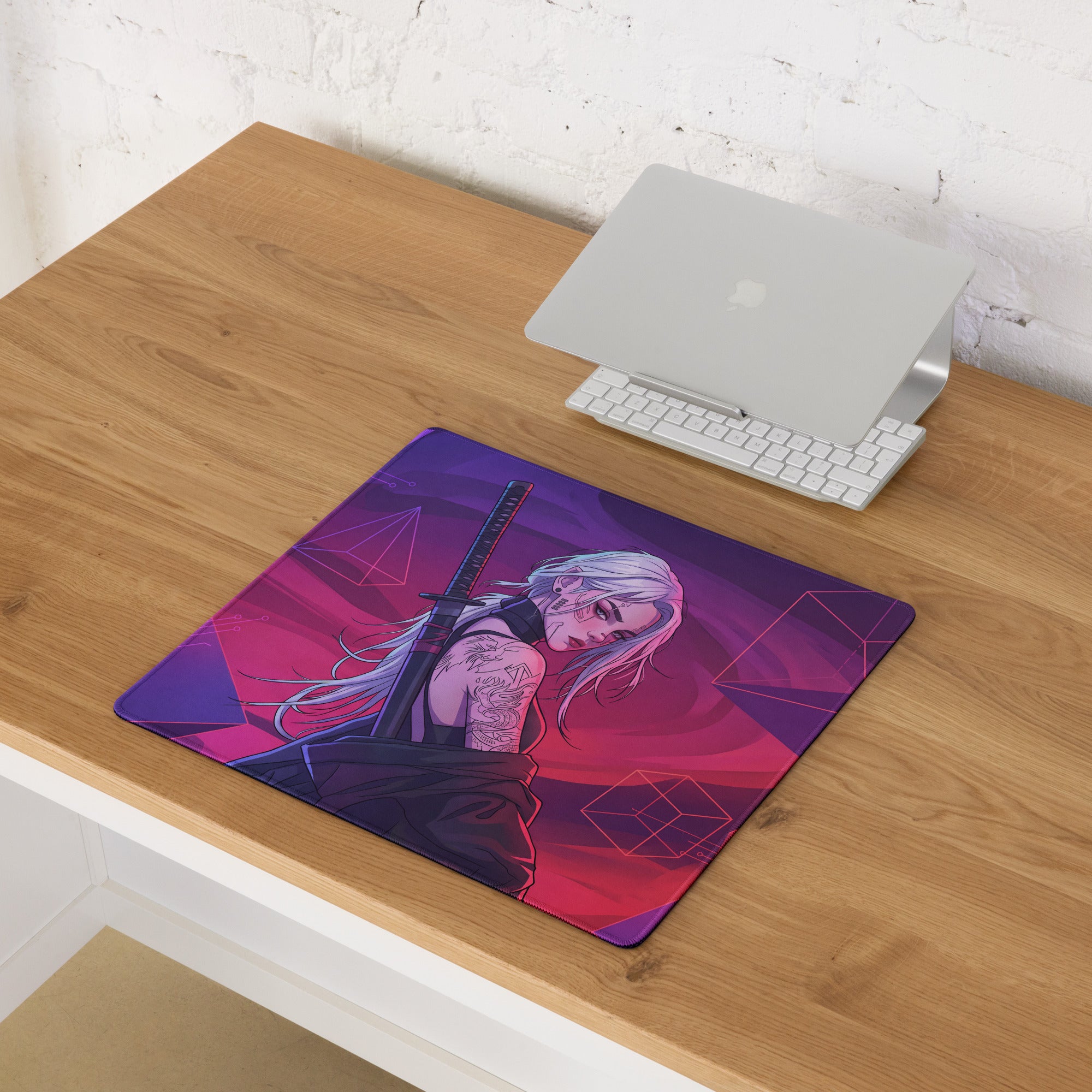 Purple and pink vaporwave neon warrior gaming mousepad with silver-haired anime character holding sword and geometric design