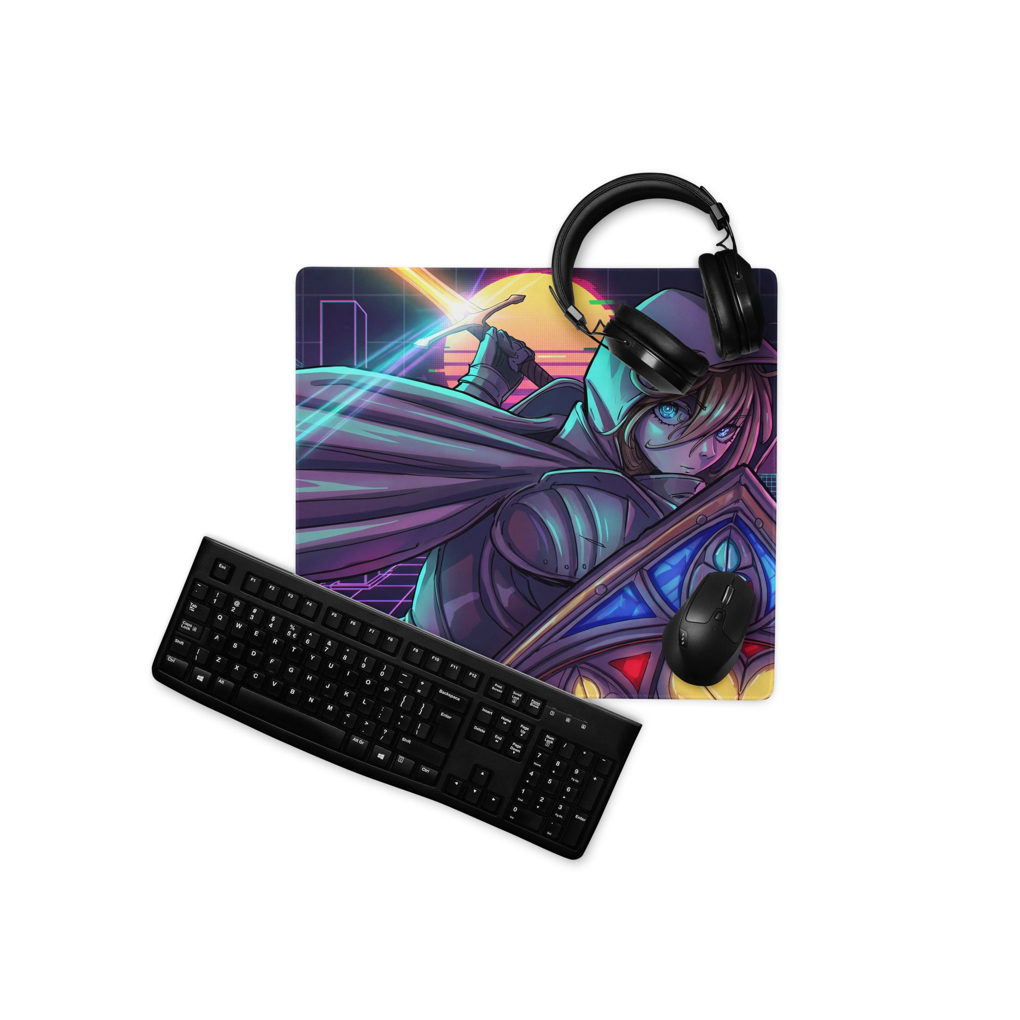 Vaporwave neon gaming mouse pad with vibrant pink purple blue colors featuring armored character and glowing sword