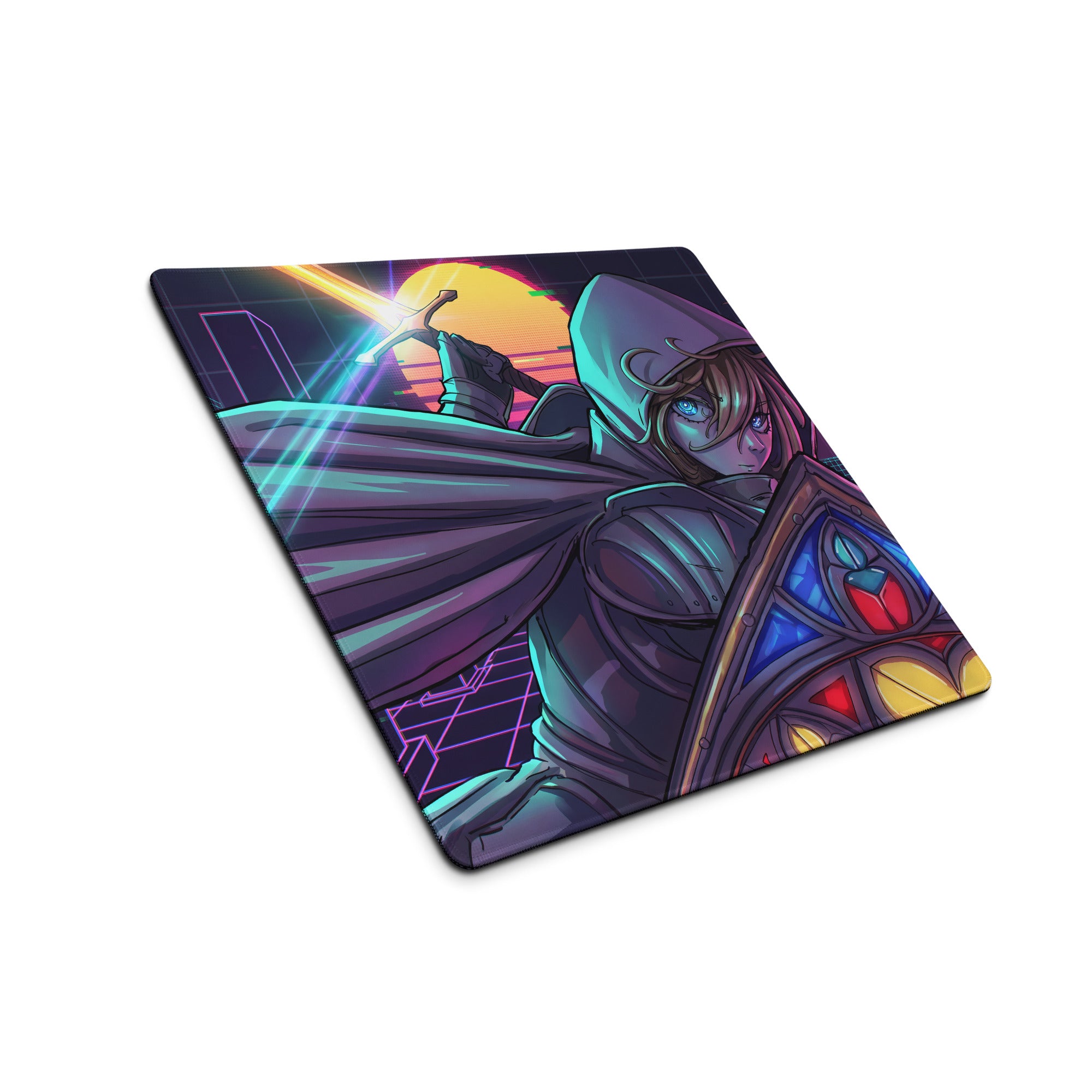 Vaporwave neon gaming mouse pad featuring a hooded warrior with glowing blue eyes in neon pink purple and blue colors